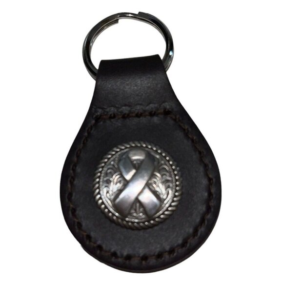 Black Leather Silver Awareness Ribbon Concho Key Ring Chain NEW Unisex - Picture 1 of 2
